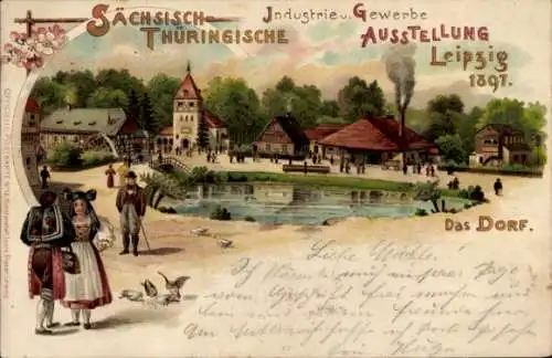 Litho Leipzig, Sächsisch Thüringische Industrie und Gewerbeausstellung 1897, Trachten, Dorf