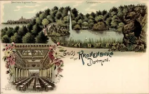 Litho Dortmund im Ruhrgebiet, Kronenburg, Saal, Neue Halle, Schwanenteich