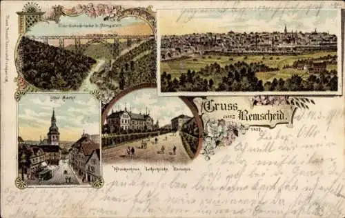 Litho Remscheid, Gesamtansicht, Alter Markt, Krankenhaus, Lutherkirche, Müngstener Brücke