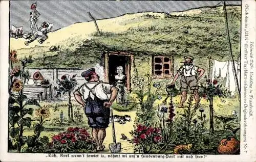 Künstler Ak Zille, Heinrich, Vadding in Frankreich, Deutsche Soldaten, Hindenburg Park, Gärtner