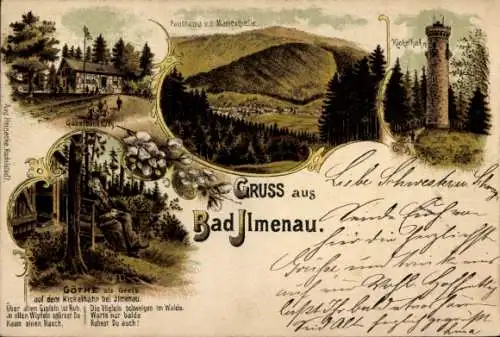 Litho Ilmenau in Thüringen, Gabelbachhaus, Aussichtsturm Kickelhahn, Goethe, Vers