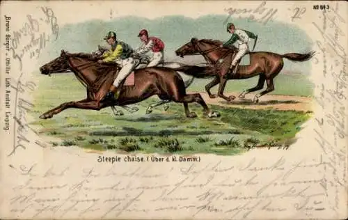 Litho Pferderennen, Steeple Chase, über den kleinen Damm, BB&OL 843