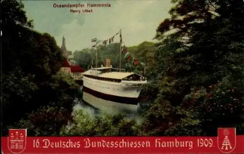 Ak Hamburg, 16. Dt. Bundesschießen 1909, Ozeandampfer Hammonia, Henry Löbel Wappen