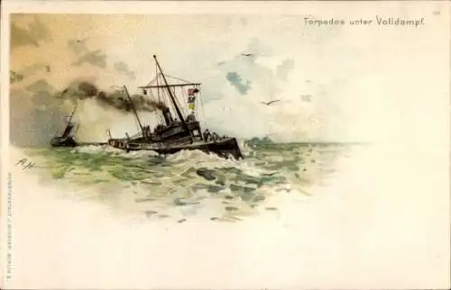 Künstler Litho Deutsches Kriegsschiff, Torpedoboote unter Volldampf, Kaiserliche Marine