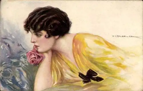 Künstler Ak Corbella, T., Frauenportrait, gelbes Kleid, Rose