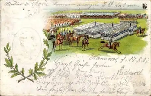 Präge Litho Kaiser Wilhelm II., Portrait, Manöverplatz, Truppenparade