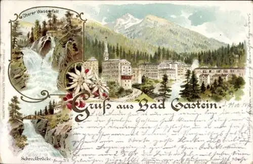 Litho Bad Gastein Badgastein in Salzburg, Teilansicht, Oberer Wasserfall, Schreckbrücke