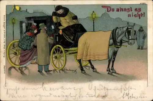 Künstler Litho Kleinhempel, Du ahnst es nicht, Paar steigt in eine Kutsche, Kutscher, BB&OL