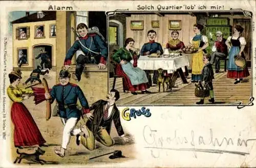 Litho Alarm, Solch Quartier lob ich mir, Soldatenleben, Soldatenhumor, Wurst