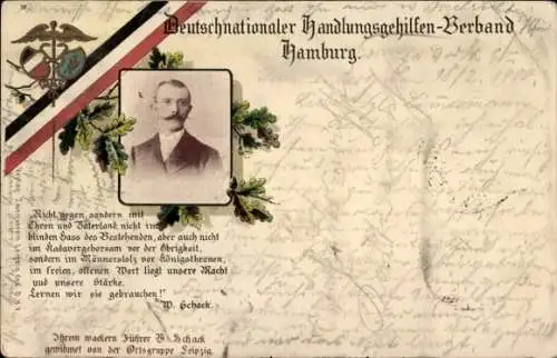 Ak Hamburg, Deutschnationaler Handlungsgehilfen Verband, Rede von W. Schack, Portrait, Wappen