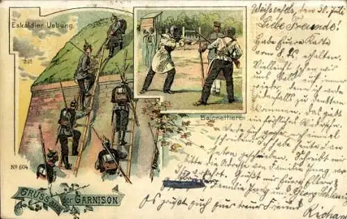 Litho Gruß aus der Garnison, Soldaten in der Eskaldier-Übung, Bajonettieren, Infanterie