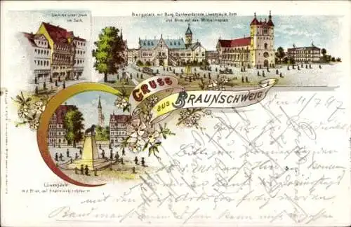 Litho Braunschweig, Demmersches Haus, Burgplatz, Burg Dankwarderode, Dom, Löwensäule