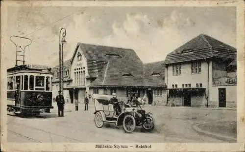 Ak Styrum Mülheim an der Ruhr, Bahnhof Straßenseite, Auto, Straßenbahn