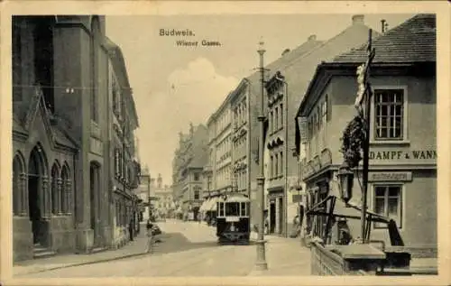 Ak České Budějovice Budweis Südböhmen, Wiener Gasse, Straßenbahn