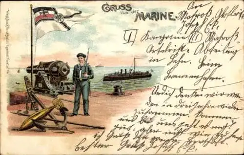 Litho Kaiserliche Marine, Matrose, Geschütz, Kriegsschiff, Flagge