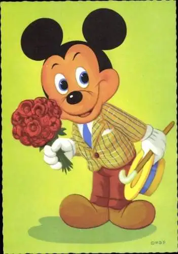 Ak Walt Disney, Micky Maus mit Blumenstrauß
