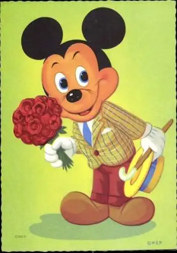 Ak Walt Disney, Micky Maus mit Blumenstrauß