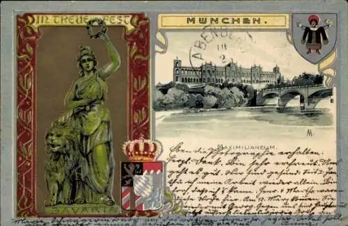 Präge Künstler Ak München, Maximilianeum, Wappen, In Treue fest, Bavarta