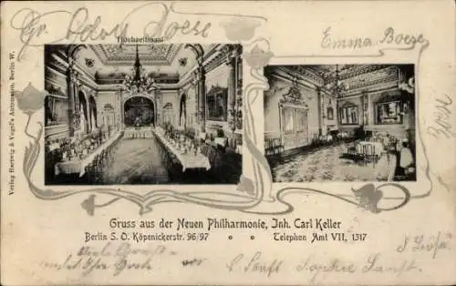 Ak Berlin Kreuzberg, neue Philharmonie, Köpenicker Straße 96/97, Hochzeitssaal, Inhaber: Carl Keller