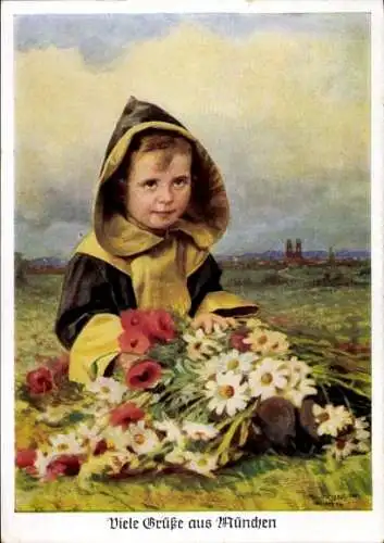 Künstler Ak München, Hofbräuhaus-Keller, Kindl, Blumen