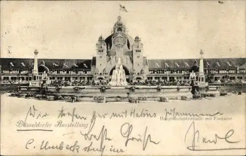Ak Düsseldorf am Rhein, Industrie und Gewerbeausstellung 1902, Hauptindustriehalle, Fontaine