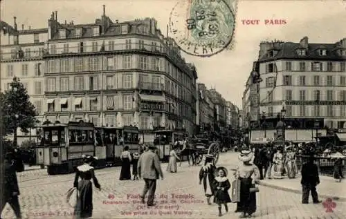 Ak Paris XI., Faubourg du Temple, Ancienne Descente De la Courtille, Straßenbahnen
