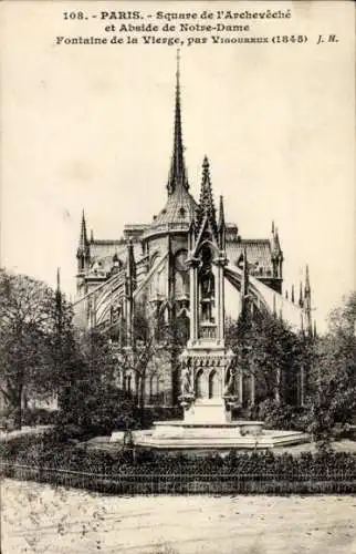 Ak Paris, Square de l'Archeveche, Abside de Notre Dame, Fontaine de la Vierge