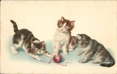 Ak Zwei Katzen spielen mit rotem Wollknäuel