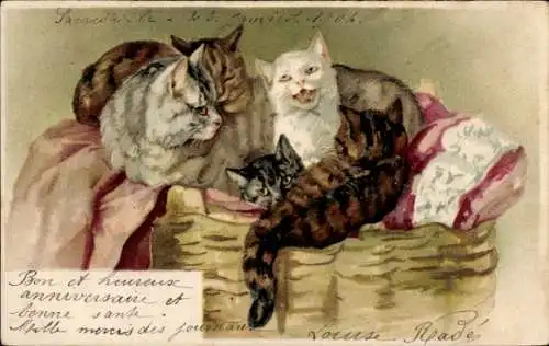 Litho Katzenfamilie im Korb
