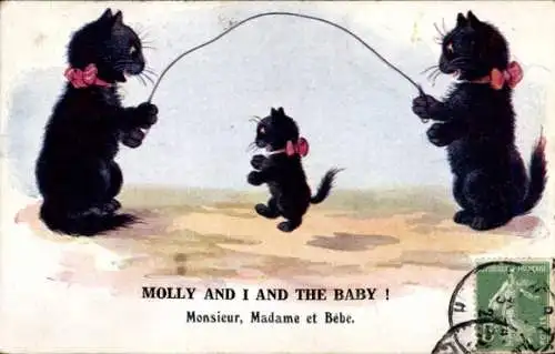 Ak Katzenfamilie beim Spielen, Seilhüpfen