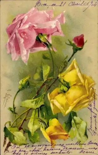 Präge Künstler Ak Klein, Catharina, Gelbe und rosafarbene Rosen