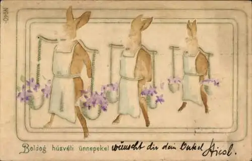 Präge Litho Glückwunsch Ostern, Hasen mit Rückentragen