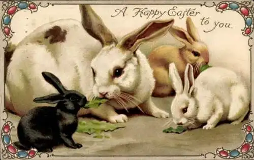 Litho Glückwunsch Ostern, Hasen essen Salat