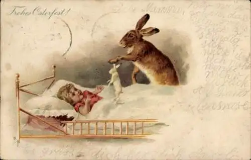 Litho Glückwunsch Ostern, Osterhase, Kind im Bett