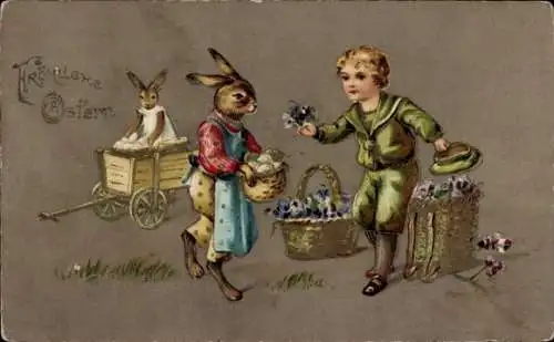 Präge Ak Glückwunsch Ostern, Osterhase verkauft Ostereier, Kind, Blumen