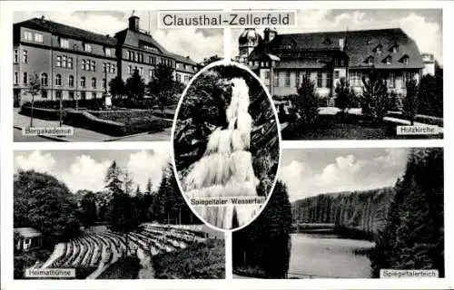 Ak Clausthal Zellerfeld im Oberharz, Bergakademie, Holzkirche, Heimatbühne, Spiegeltalerteich