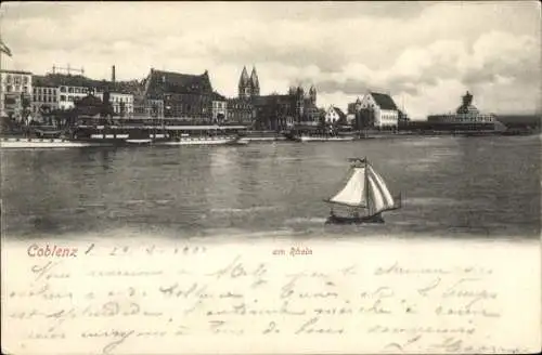 Ak Koblenz am Rhein, Teilansicht, Segelboot