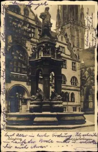 Ak Duisburg im Ruhrgebiet, Rathaus, Marktplatz, Mercator-Brunnen