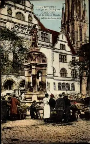 Ak Duisburg im Ruhrgebiet, Rathaus, Marktplatz, Mercator-Brunnen