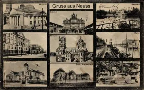 Ak Neuss am Rhein, Bahnhof, Krankenhaus, Denkmal, Park, Museum, Hafen, Münster, Notburgahaus