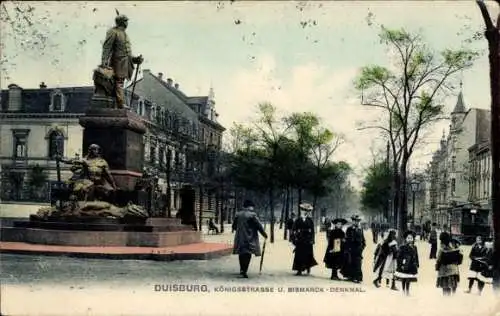 Ak Duisburg im Ruhrgebiet, Königstraße, Bismarck-Denkmal, Passanten