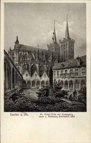 Ak Xanten am Niederrhein, St. Victor-Dom, Kreuzgang, Stahlstich