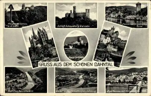 Ak Bad Ems an der Lahn, Lahntal, Burg Lahnfels, Schloss Schaumburg, Kloster Arnstein, Dom zu Limburg