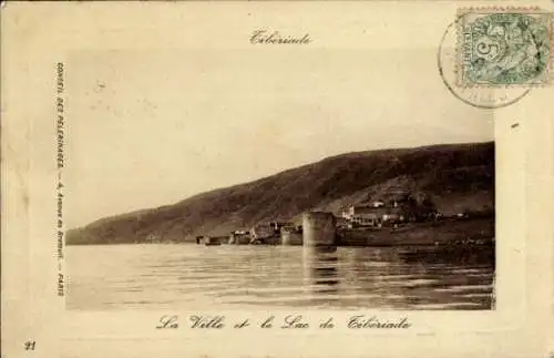 Passepartout Ak Tiberias Israel, Blick vom See, Turm