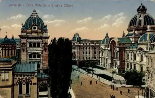 Ak București Bukarest Rumänien, Calea Victoriei si Biserica Slatari