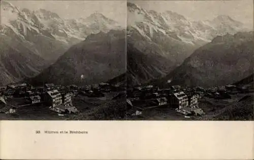 Stereo Ak Mürren Kanton Bern Schweiz, Teilansicht vom Ort mit Breithorn
