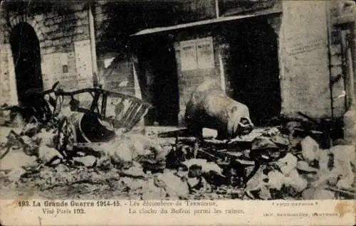 Ak Termonde Termonde Ostflandern, Glocke des Belfrieds zwischen den Ruinen