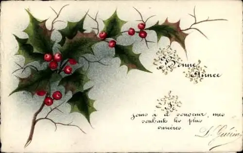 Handgemalt Ak Glückwunsch Neujahr, Stechpalmenzweige