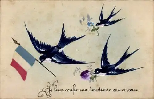 Handgemalt Ak Schwalben, französische Flagge