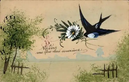 Handgemalt Ak Landschaft, Schwalbe, Blume
